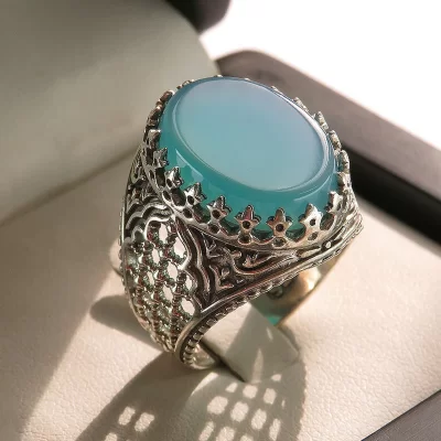 انگشتر نقره مردانه مدل عقیق آبی کد 94393 