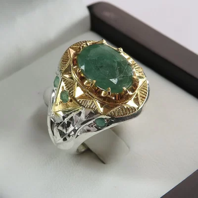 انگشتر مردانه زمرد زامبیا مخراج کاری شیک دست ساز رکاب نقره - کد 89682