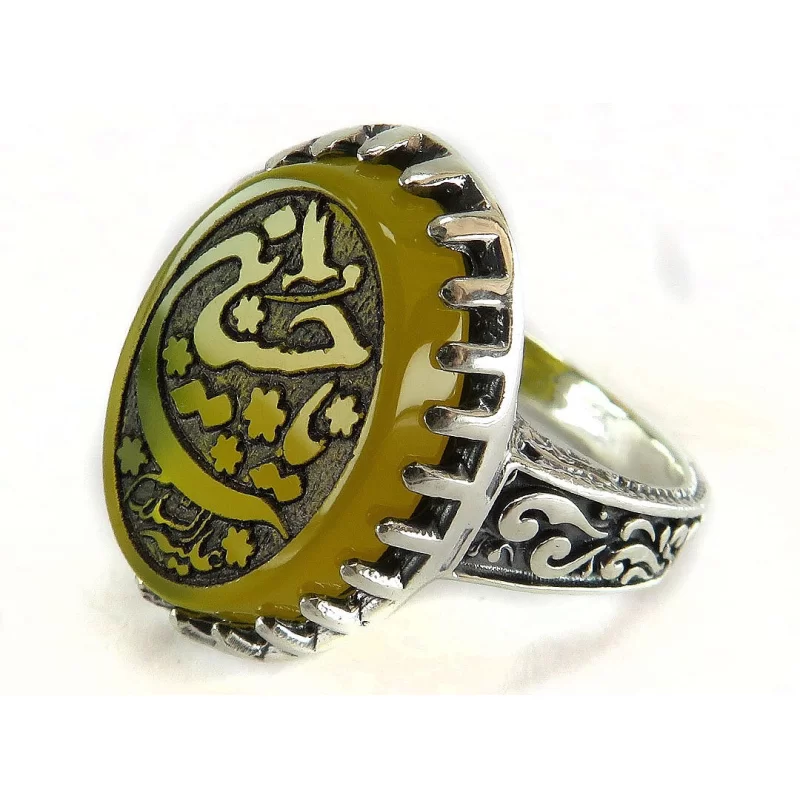 انگشتر مردانه عقیق زرد یا حسین علیه السلام رکاب نقره - کد 60830