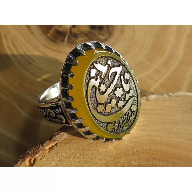 انگشتر مردانه عقیق زرد یا حسین علیه السلام رکاب نقره - کد 60830