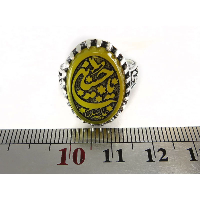 انگشتر مردانه عقیق زرد یا حسین علیه السلام رکاب نقره - کد 60830