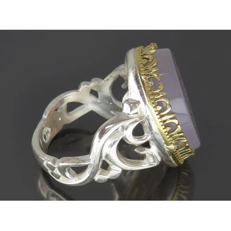 انگشتر مردانه عقیق کبود و من یتق الله و یا حسین (ع) رکاب نقره - کد 83466