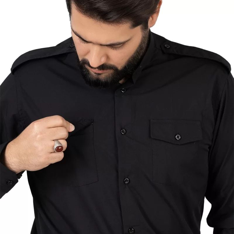پیراهن مشکی مردانه آستین بلند مدل یقه دیپلمات کد PM11033