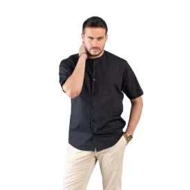 پیراهن مشکی بدون یقه تمام دکمه آستین کوتاه کد PM21006