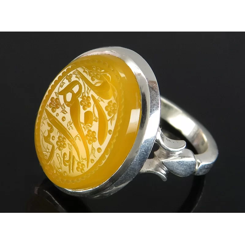 انگشتر مردانه عقیق زرد یا زهرا رکاب نقره دست ساز - کد 80735