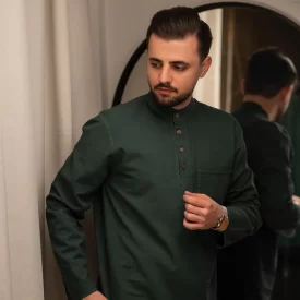 پیراهن الیافی مردانه مدل چهار دکمه رنگ سبز یشمی کد 870