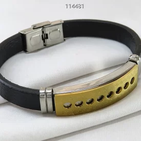 دستبند مردانه استیل طرح چرم پلاکدار  - کد 114481
