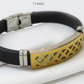 دستبند مردانه استیل طرح چرم پلاکدار- کد 114486