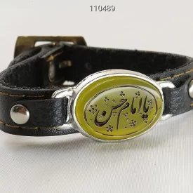 دستبند مردانه عقیق و چرم [یا امام حسن] - کد 110489