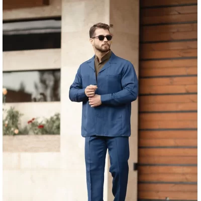 کت و شلوار لبنانی مدل دو جیب رنگ آبی کاربنی
