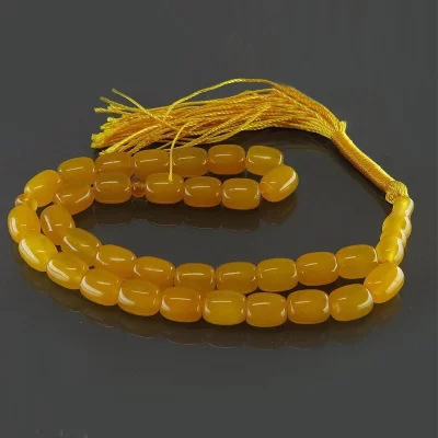 تسبیح جید زرد 33 دانه تراش استوانه ای حکاکی شرف الشمس کد 114297