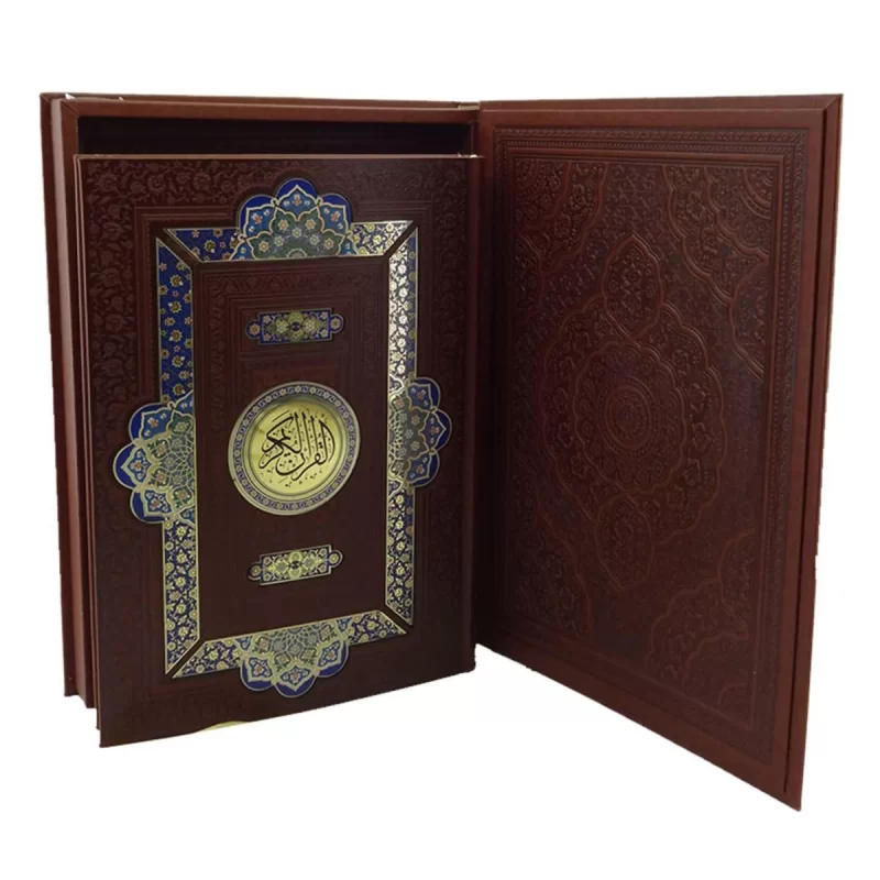 قرآن رحلی گلاسه جعبه دار چرم پلاک رنگی ترجمه الهی قمشه ای کد 110186