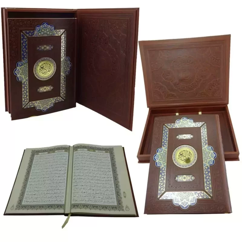 قرآن رحلی گلاسه جعبه دار چرم پلاک رنگی ترجمه الهی قمشه ای کد 110186