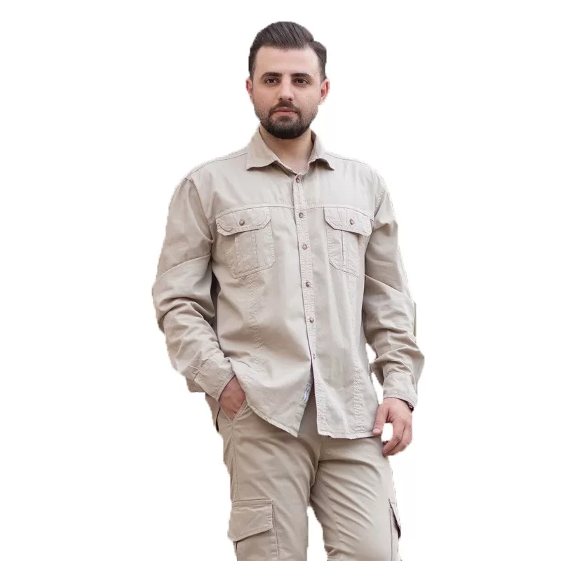 پیراهن مردانه آستین بلند دو جیب مدل ادهم رنگ استخوانی کد 461