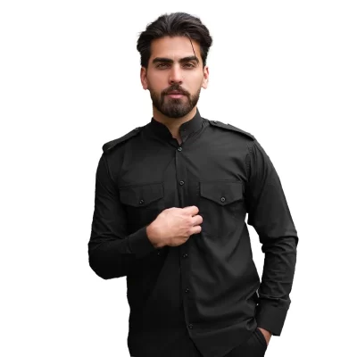 پیراهن مشکی مردانه مدل سردوشی دو جیب کد 103