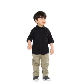پیراهن یقه انگلیسی مشکی آستین بلند پارچه کنفی بچه گانه PB12072