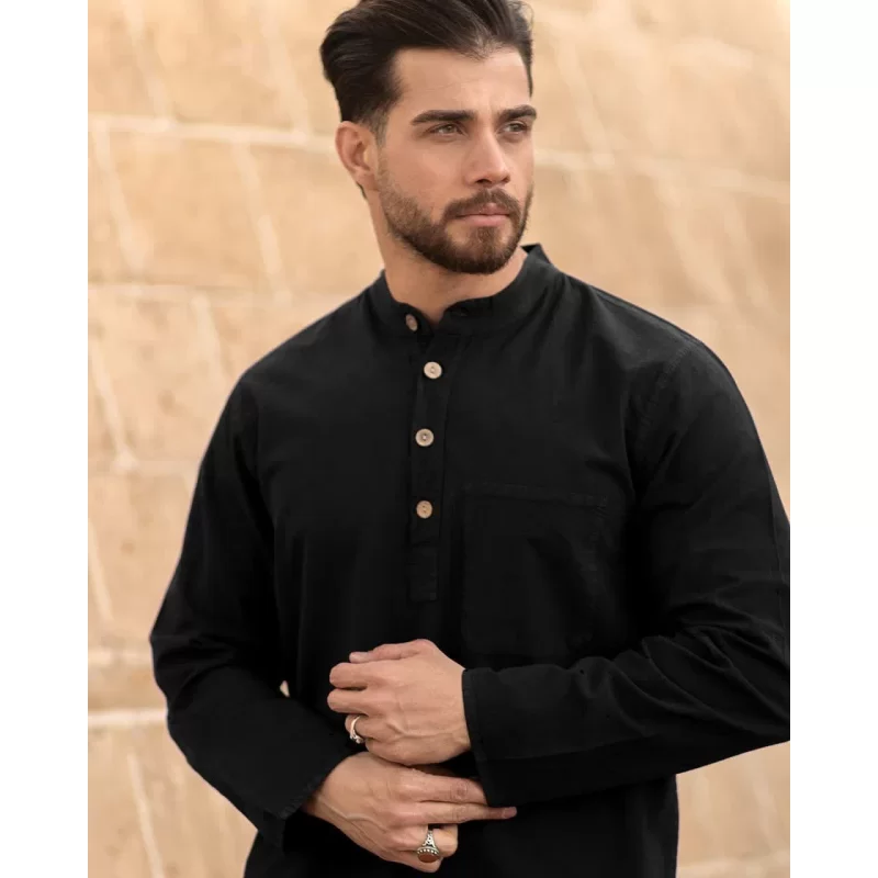 پیراهن الیافی مردانه مدل چهار دکمه رنگ مشکی کد 779