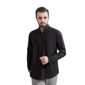 پیراهن مشکی مردانه آستین بلند یقه دیپلمات طرح نفیس یراق دار کد 106