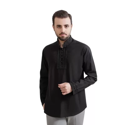 پیراهن مشکی مردانه آستین بلند یقه دیپلمات طرح نفیس یراق دار کد 106