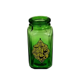 گلدان کوچک شیشه ای مربعی مذهبی سبز طرح علی ولی الله کد 104221 