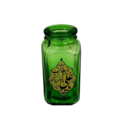 گلدان کوچک شیشه ای مربعی مذهبی سبز طرح علی ولی الله کد 104221 