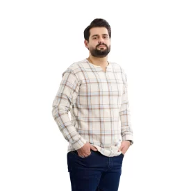 پیراهن عربی بدون یقه مدل رَيّان چهارخانه زمینه سفید قهوه اي کد PS21117