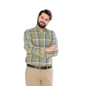 پیراهن مردانه رنگی اسپرت یقه انگلیسی چهارخانه زمینه سبز کد PS21164