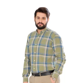 پیراهن پنبه چهارخانه زمینه سبز یقه فرنچ کد PS21162