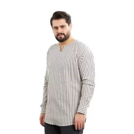  پیراهن عربی بدون یقه مدل رَيّان راه راه زمینه سفید کد PS21126
