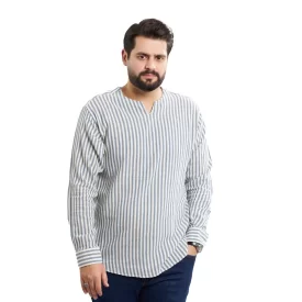 پیراهن عربی بدون یقه مدل رَيّان راه راه زمینه سفید آبی کد PS21125
