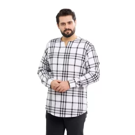 پیراهن عربی بدون یقه مدل رَيّان چهارخانه زمینه سفید مشکی کد PS21121