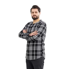 پیراهن عربی بدون یقه مدل رَيّان چهارخانه زمینه مشکی سفید کد PS21118