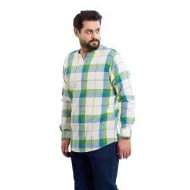پیراهن عربی بدون یقه مدل رَيّان چهارخانه زمینه سفید سبز کد PS21119