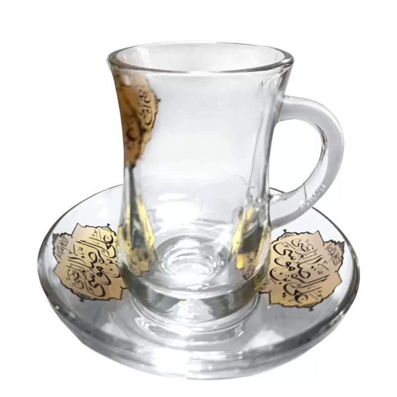 ست استکان کمرباریک دسته دار و نعلبکی طرح علی بن موسی الرضا بسته 6 عددی