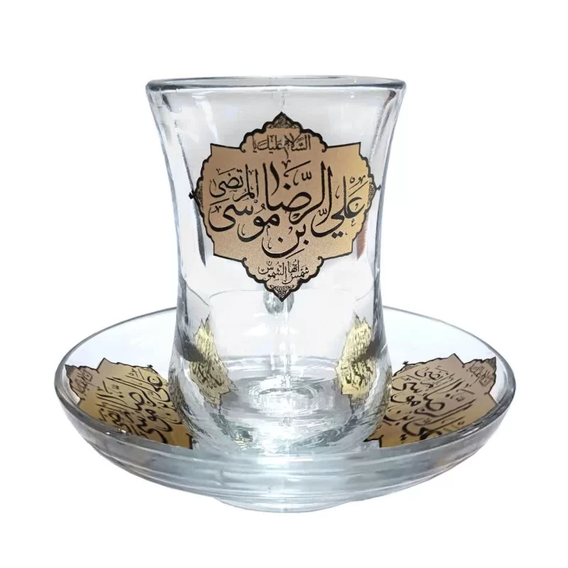 ست استکان کمرباریک دسته دار و نعلبکی طرح علی بن موسی الرضا بسته 6 عددی