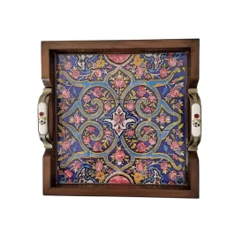 سینی چوبی رزینی مربع دسته سرامیکی طرح 105