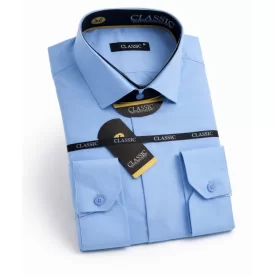 پیراهن طرح یقه دار دکمه مخفی رنگ آبی روشن