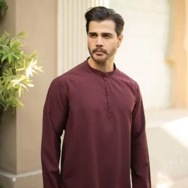 پیراهن یقه یک سانت نصف دکمه زرشکی کد 704