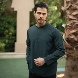 پیراهن یقه یک سانت نصف دکمه سبز یشمی کد 702