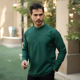 پیراهن یقه یک سانت نصف دکمه سبز چمنی کد 701