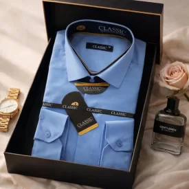 پیراهن طرح یقه دار دکمه مخفی رنگ آبی روشن