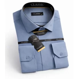 پیراهن طرح یقه دار دکمه مخفی رنگ آبی نفتی