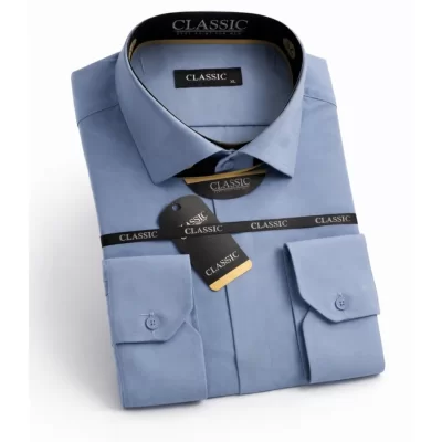 پیراهن طرح یقه دار دکمه مخفی رنگ آبی نفتی