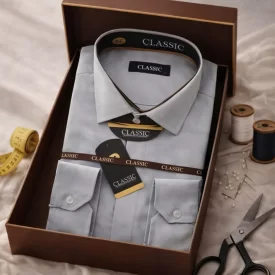 پیراهن طرح یقه دار دکمه مخفی رنگ طوسی روشن