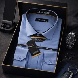 پیراهن طرح یقه دار دکمه مخفی رنگ آبی نفتی