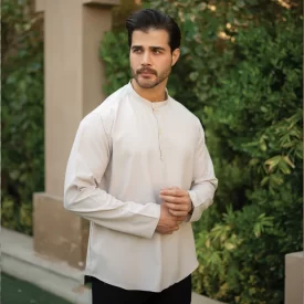 پیراهن یقه یک سانت نصف دکمه کرمی روشن کد 707