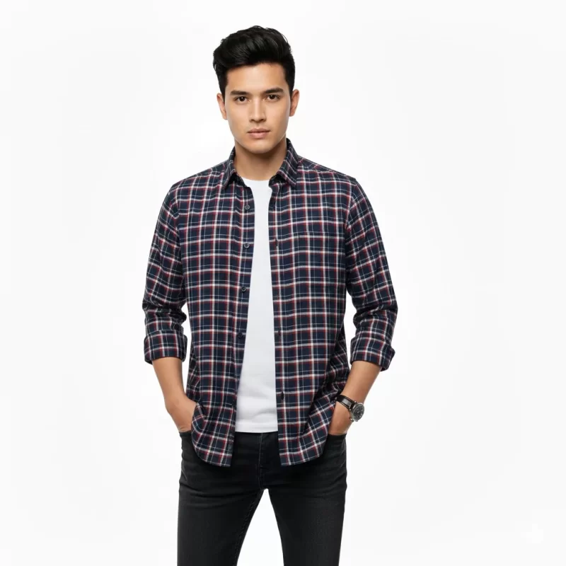 پیراهن مردانه آستین بلند مدل کوروش رنگ چهارخانه سرمه ای