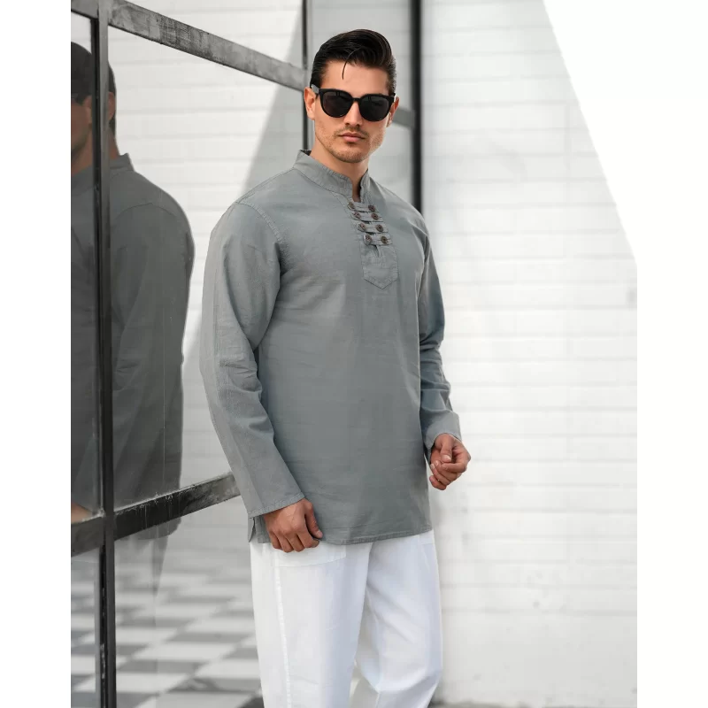 پیراهن الیاف طبیعی مردانه مدل هشت دکمه