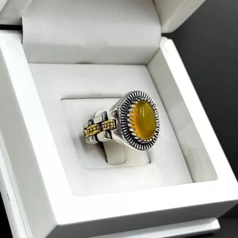 انگشتر نقره مردانه مدل عقیق زرد شرف الشمس کد 45