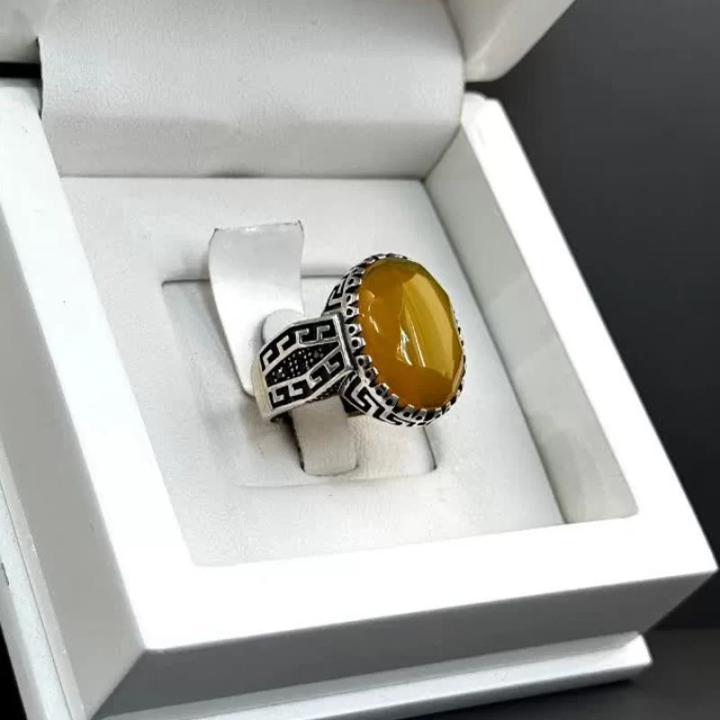 انگشتر نقره مردانه مدل عقیق زرد شرف الشمس کد 48